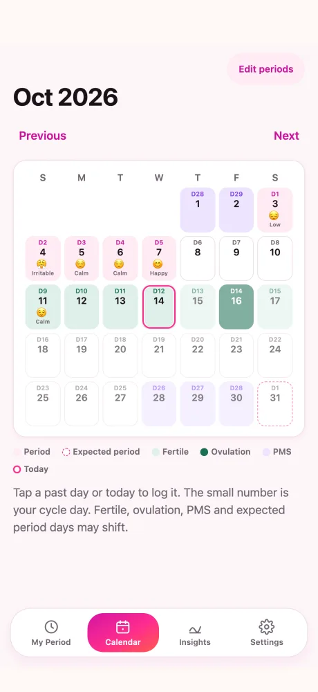 Ondiva’s calendar for October: period days, the fertile window, ovulation, PMS days, an expected period, and a mood face on every day with a logged mood