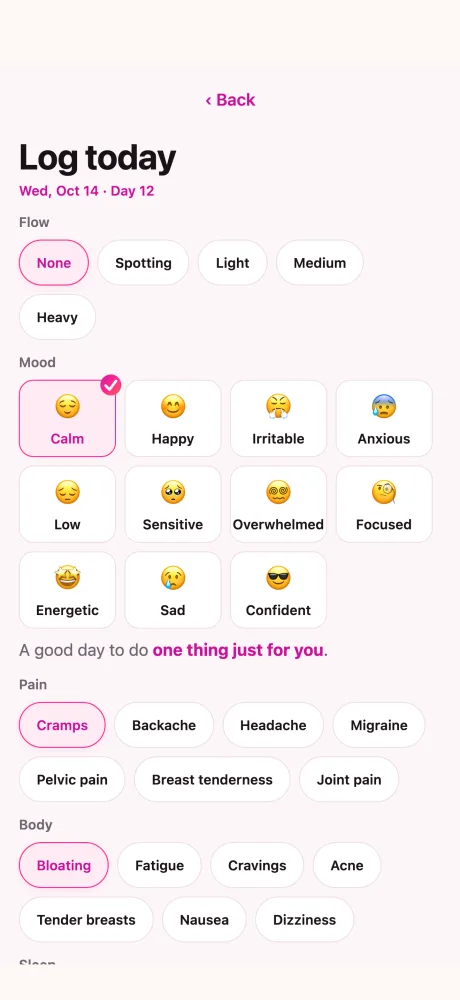Ondiva’s Log today screen: choose a flow, pick a mood face, then pain and body symptoms